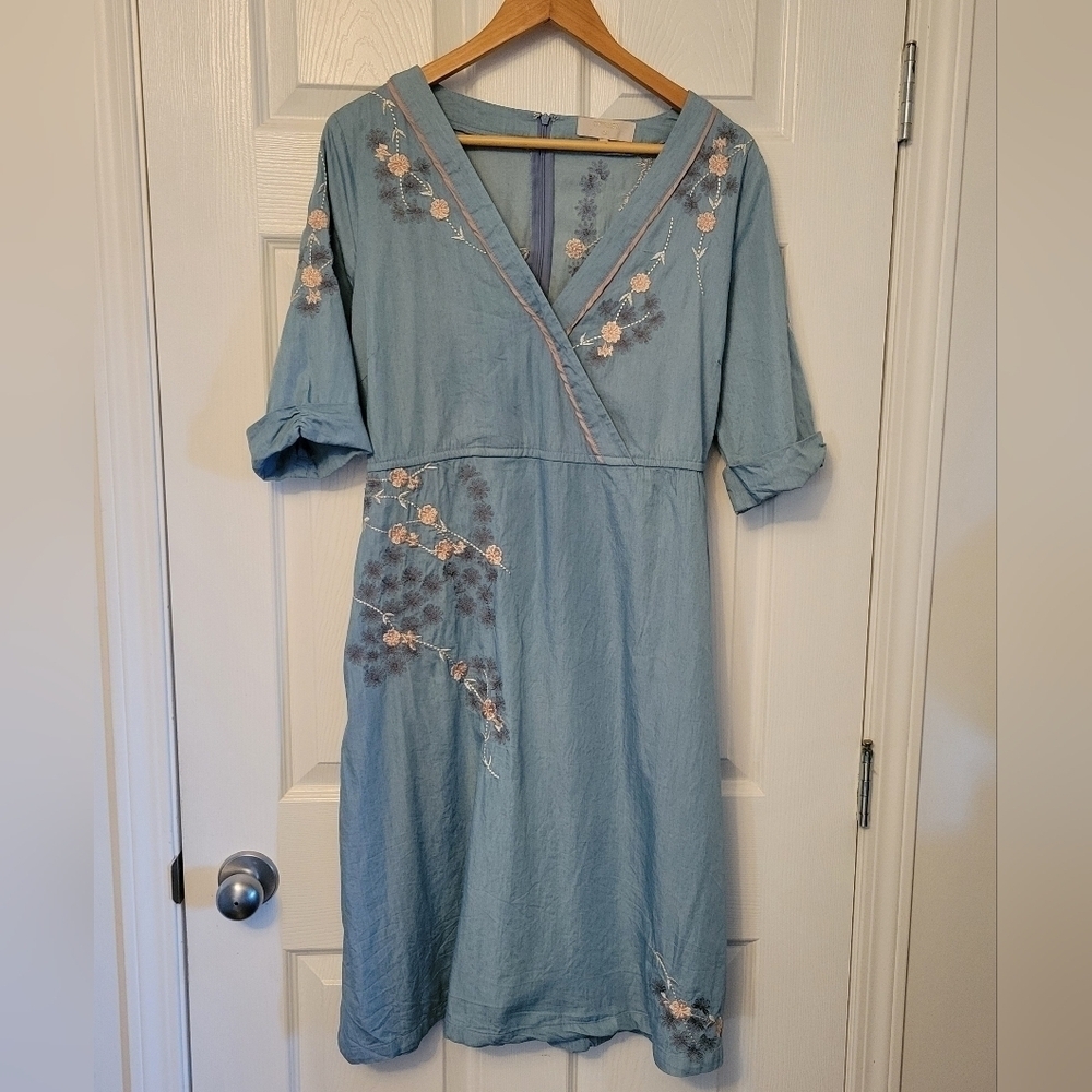Light Blue Embroidered Wrap-Style Women’s Dress